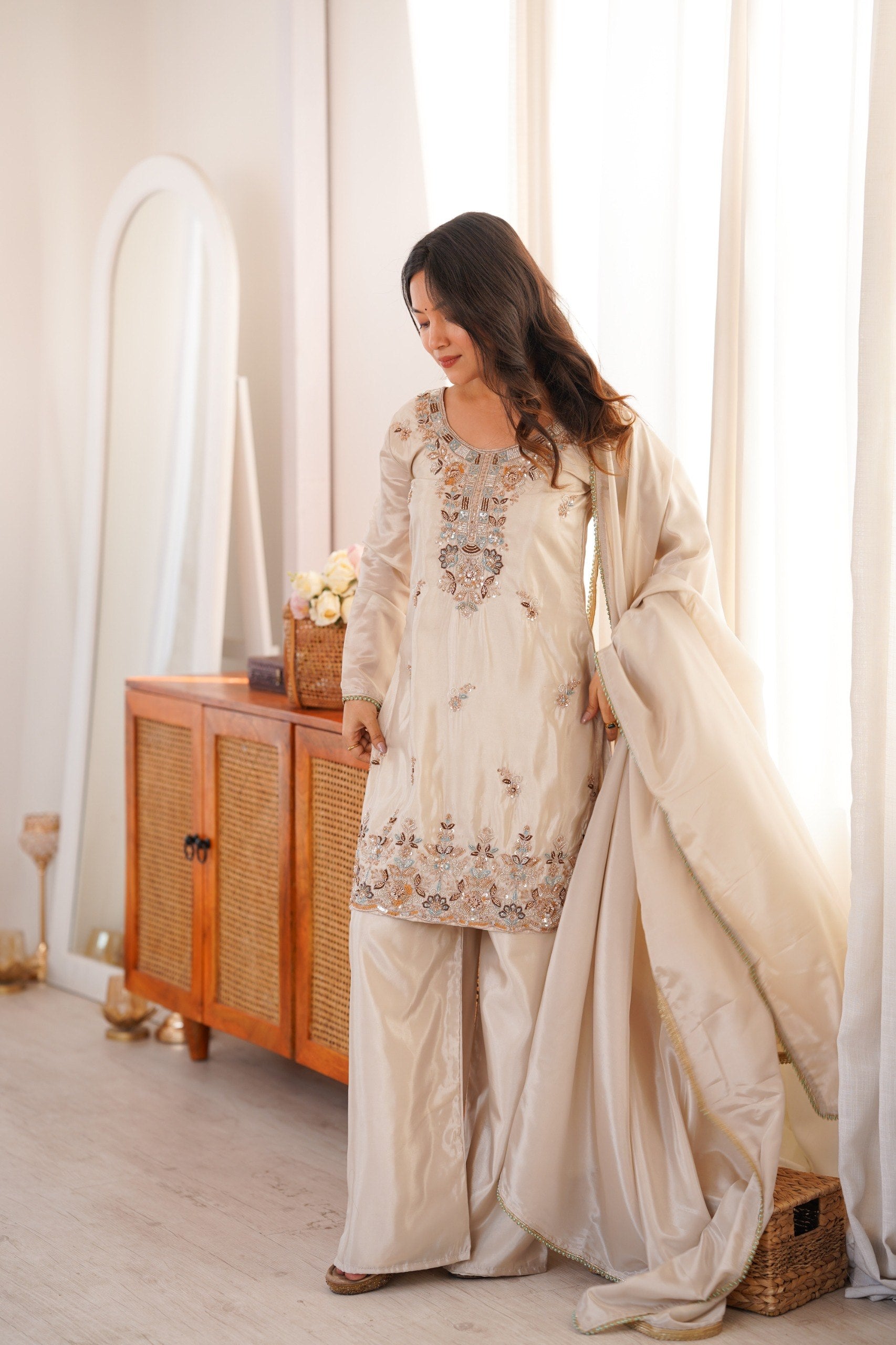 Zelvaira Designer H.O. Silk Heavy Beads, Sequins & Thread Embroidered Suit with Dupatta