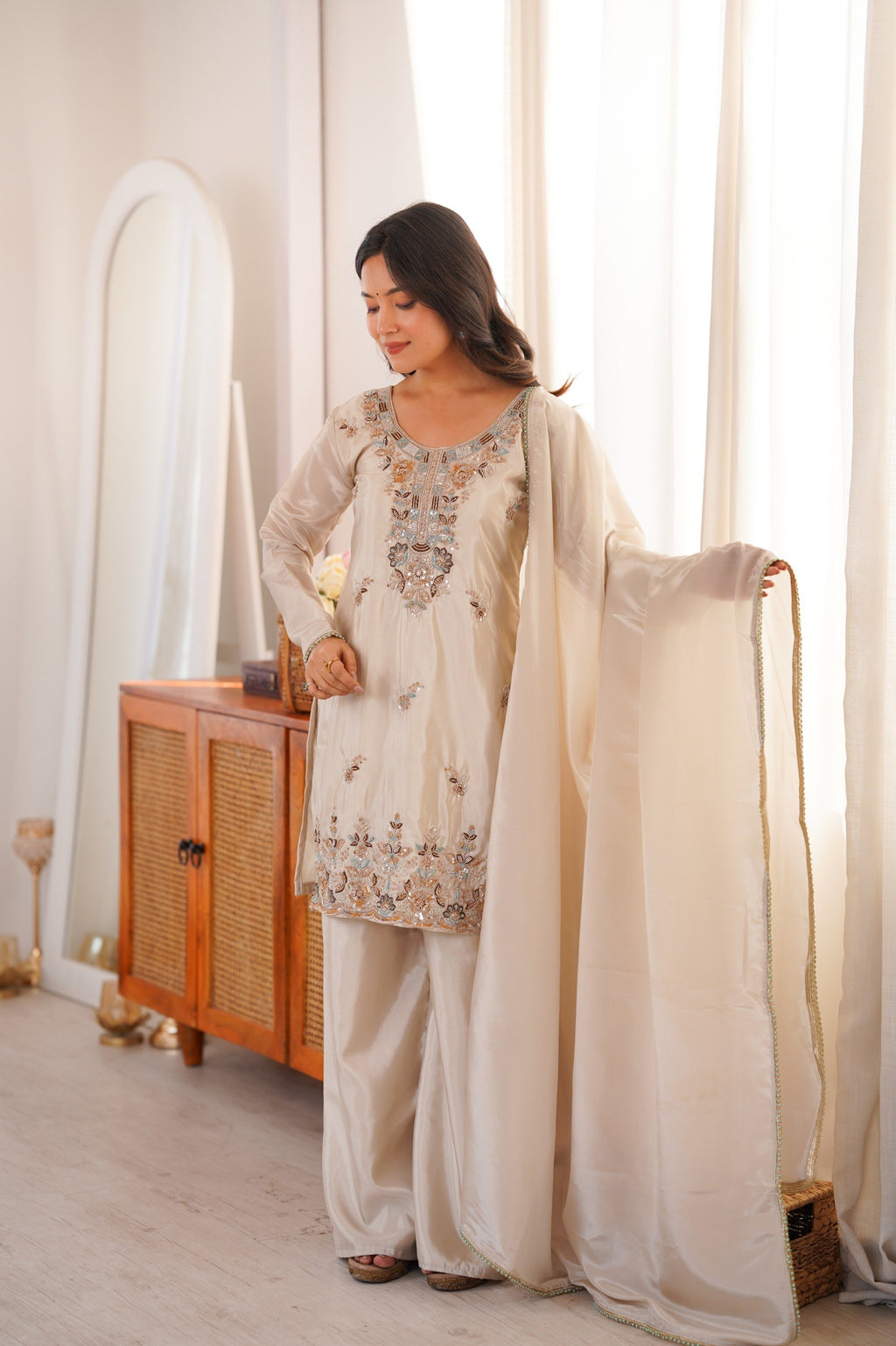 Zelvaira Designer H.O. Silk Heavy Beads, Sequins & Thread Embroidered Suit with Dupatta