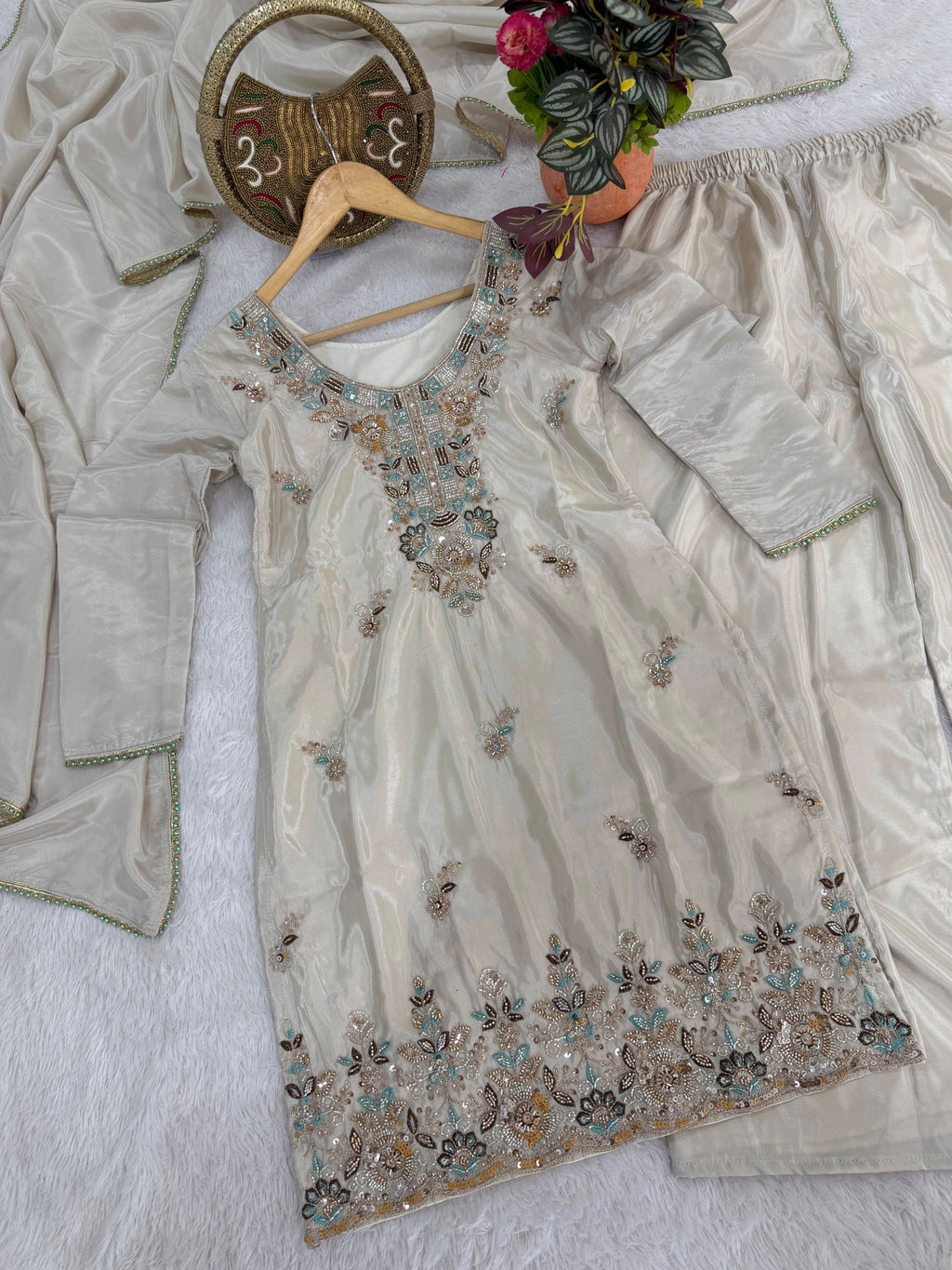 Zelvaira Designer H.O. Silk Heavy Beads, Sequins & Thread Embroidered Suit with Dupatta