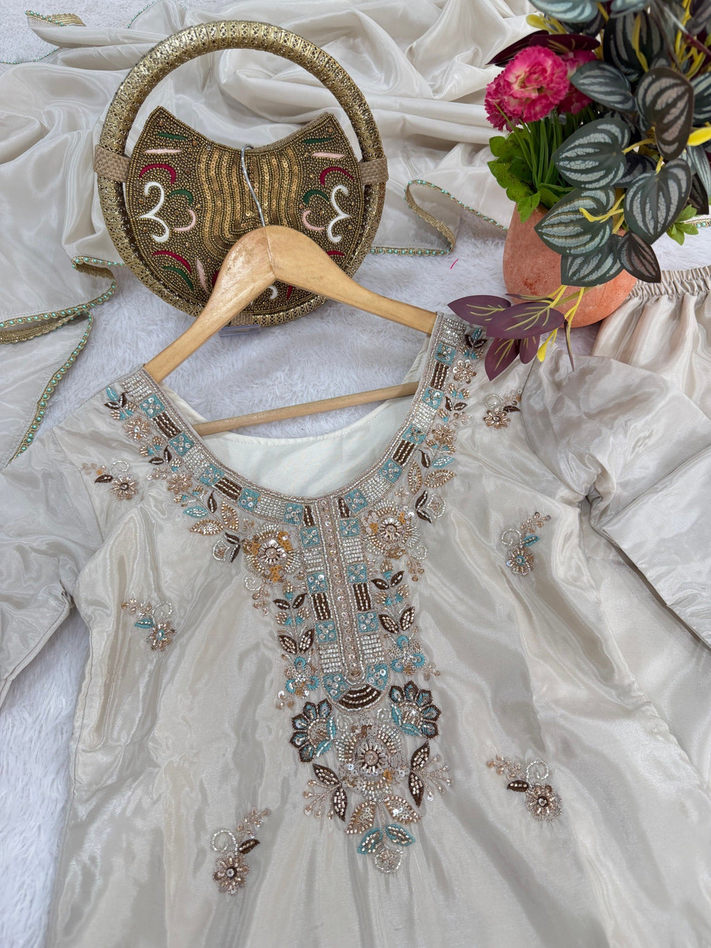 Zelvaira Designer H.O. Silk Heavy Beads, Sequins & Thread Embroidered Suit with Dupatta