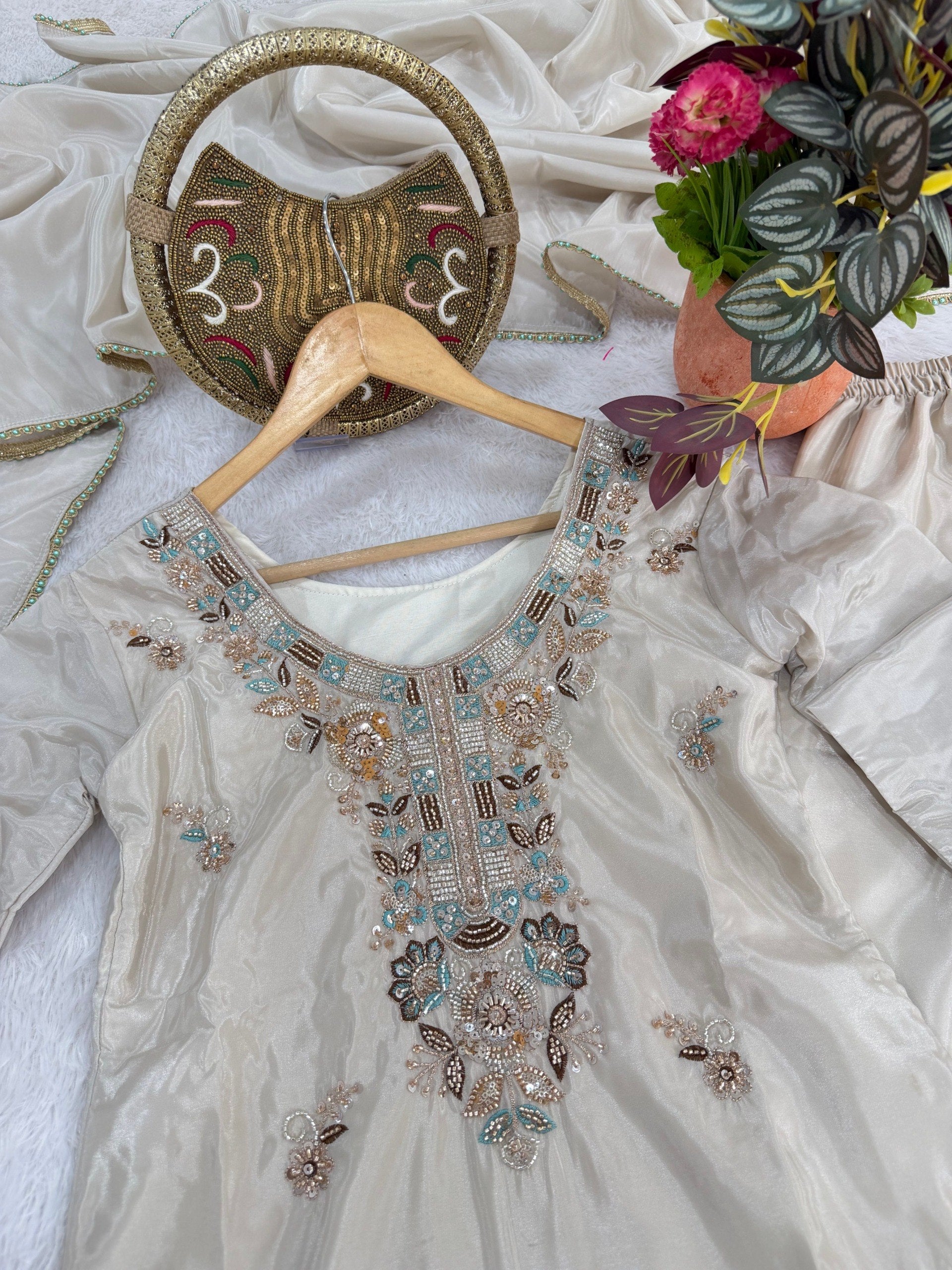Zelvaira Designer H.O. Silk Heavy Beads, Sequins & Thread Embroidered Suit with Dupatta