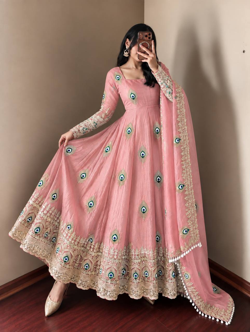 Virellia Designer Fendy Silk Heavy Sequin Embroidered Gown with Matching Dupatta