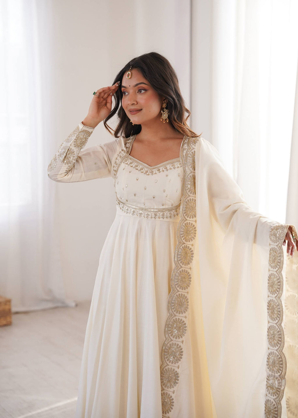 Ridhanya Roman Silk Elegant Embroidered Gown with Chanderi Dupatta