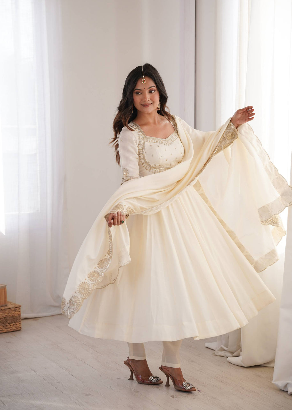 Ridhanya Roman Silk Elegant Embroidered Gown with Chanderi Dupatta