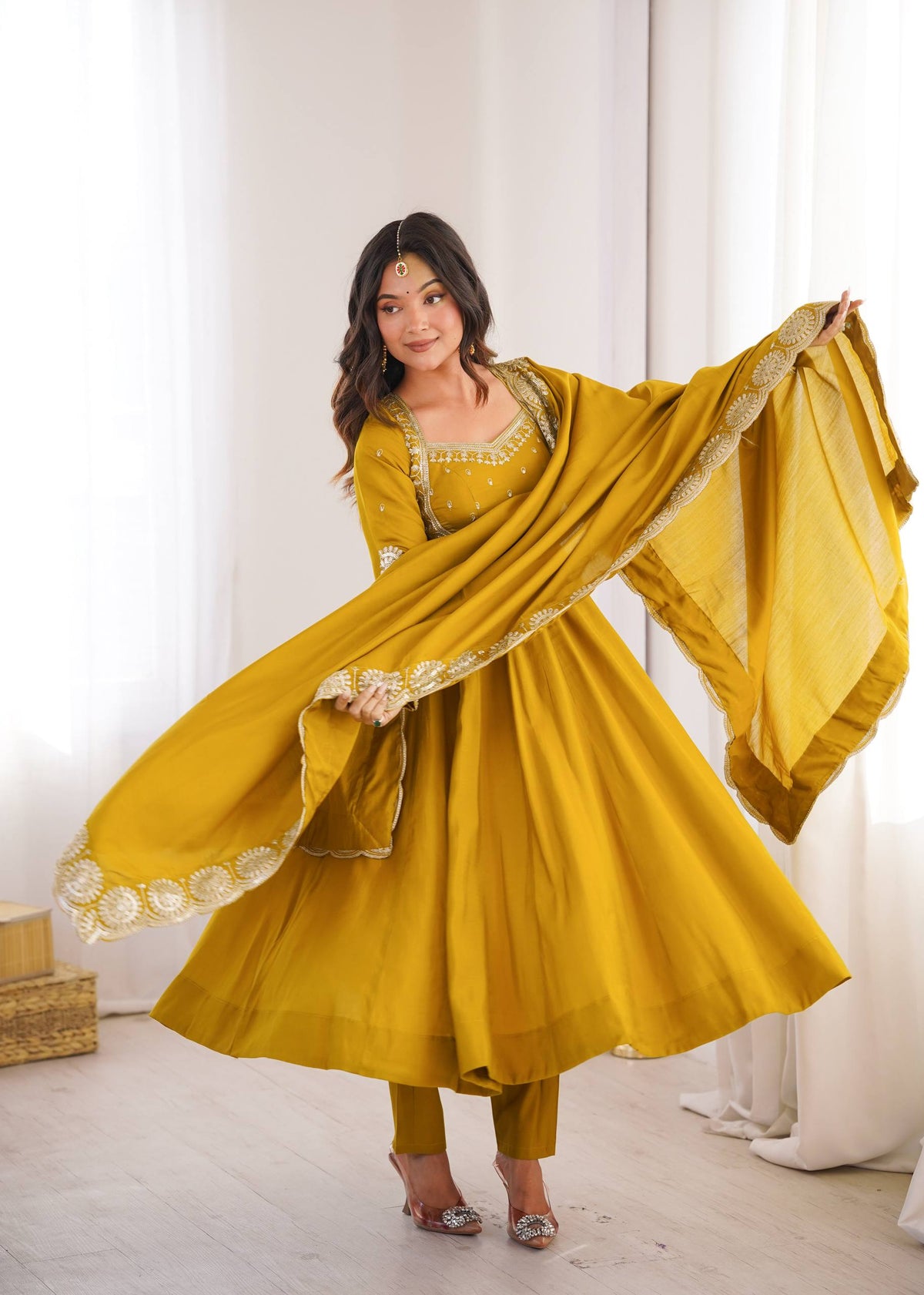 Ridhanya Roman Silk Elegant Embroidered Gown with Chanderi Dupatta