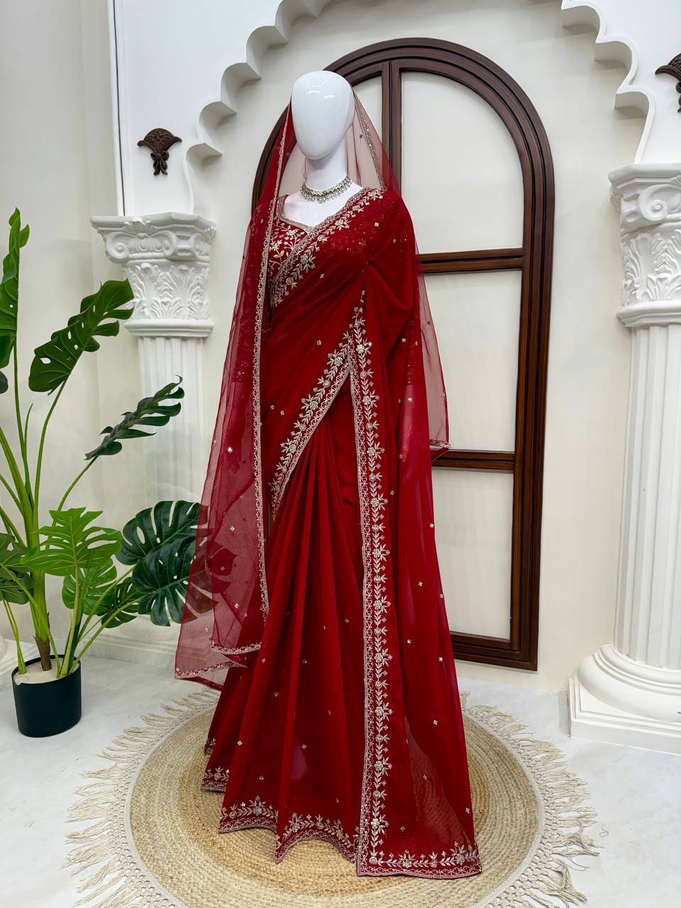 Designer Georgette Embroidered Saree with Blouse & Net Dupatta
