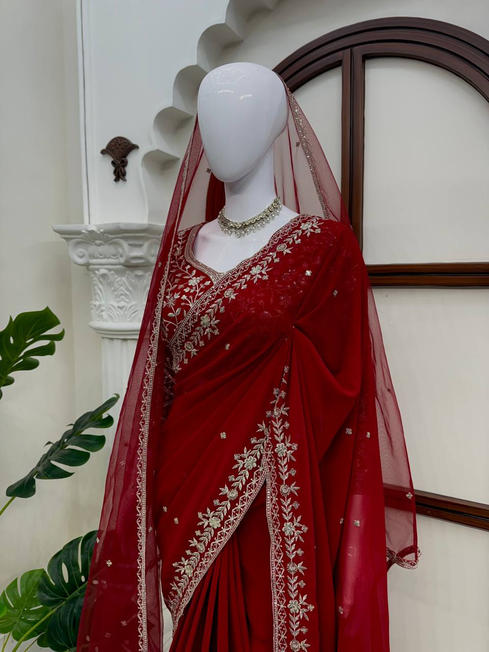 Designer Georgette Embroidered Saree with Blouse & Net Dupatta
