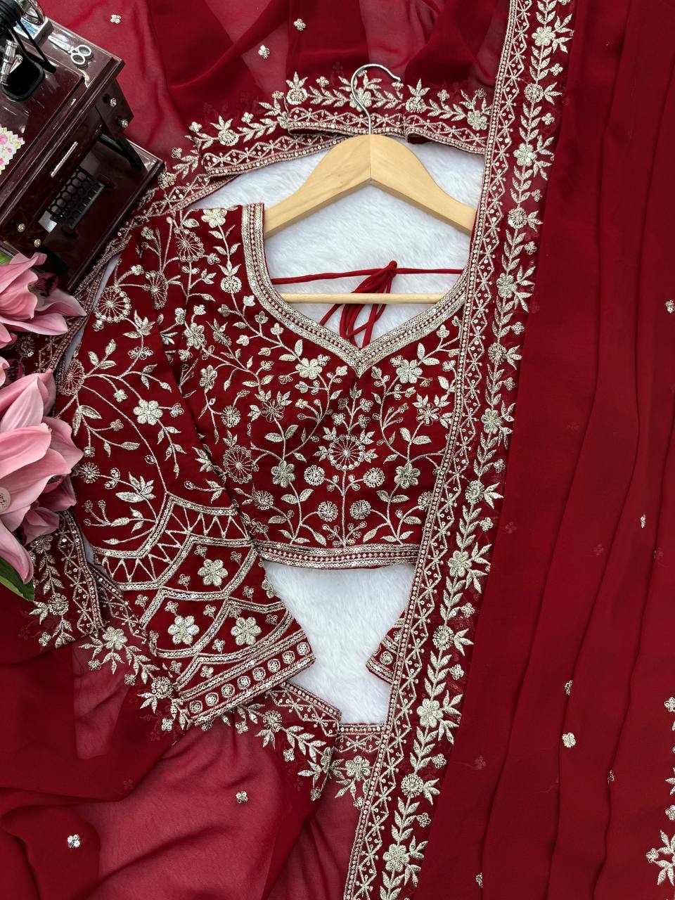 Designer Georgette Embroidered Saree with Blouse & Net Dupatta