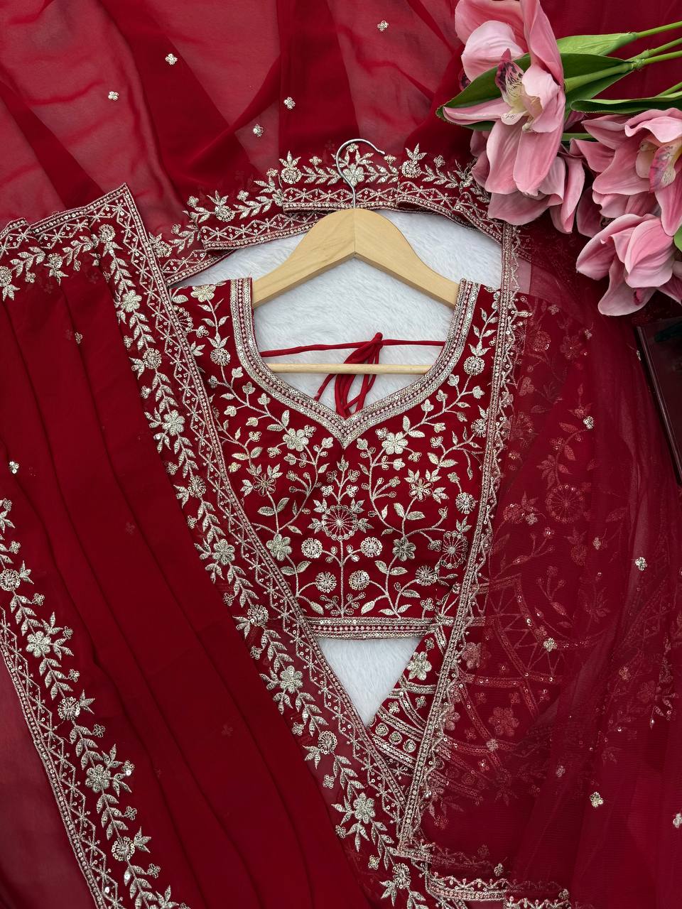 Designer Georgette Embroidered Saree with Blouse & Net Dupatta