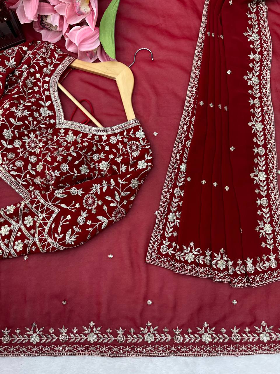 Designer Georgette Embroidered Saree with Blouse & Net Dupatta