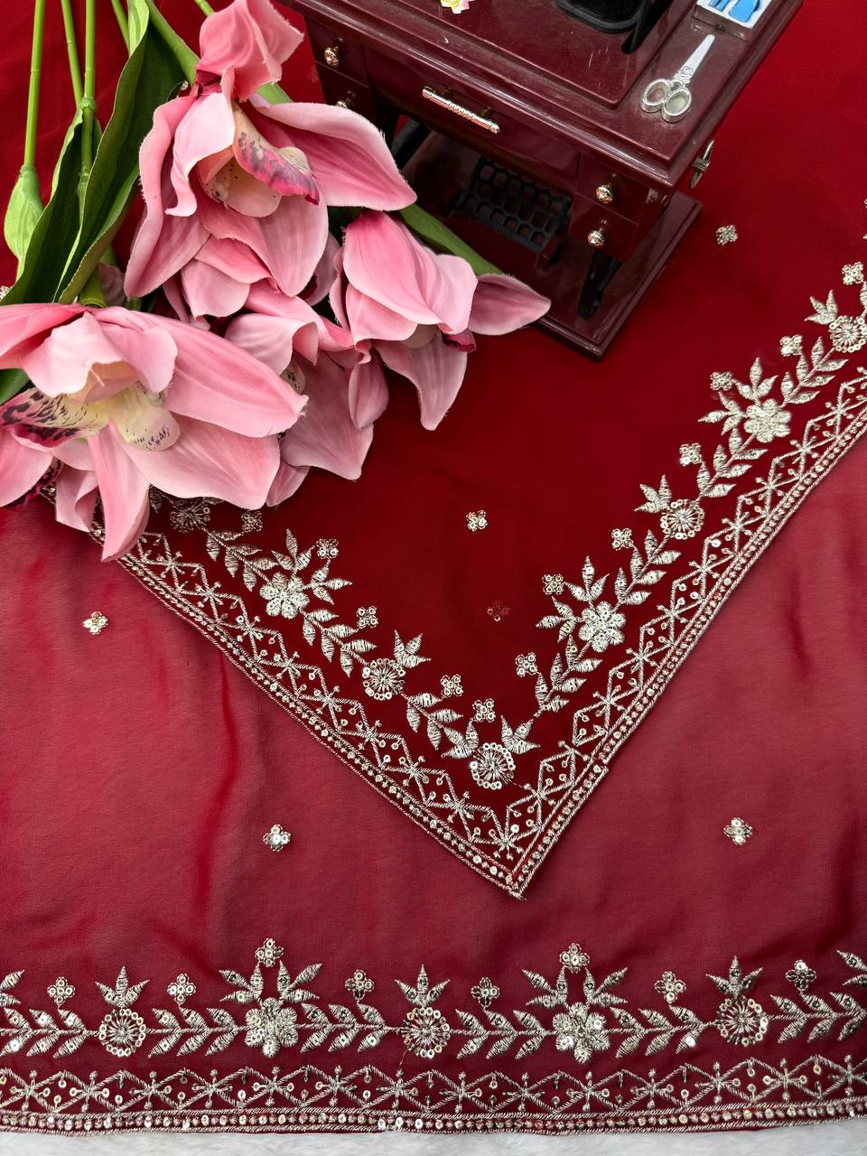 Designer Georgette Embroidered Saree with Blouse & Net Dupatta