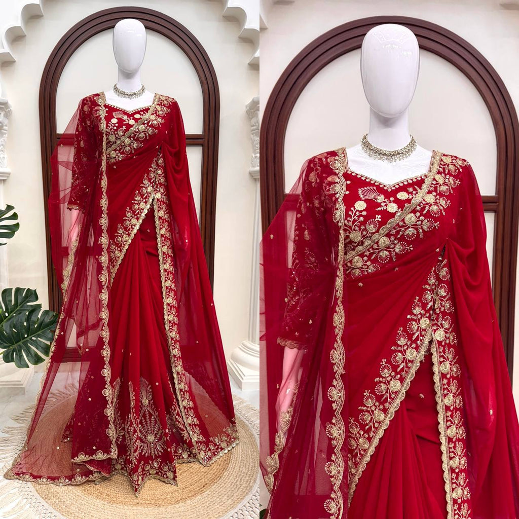 Zehra Ruby Red Georgette Designer Saree with Thread & Sequin Work