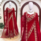Zehra Ruby Red Georgette Designer Saree with Thread & Sequin Work