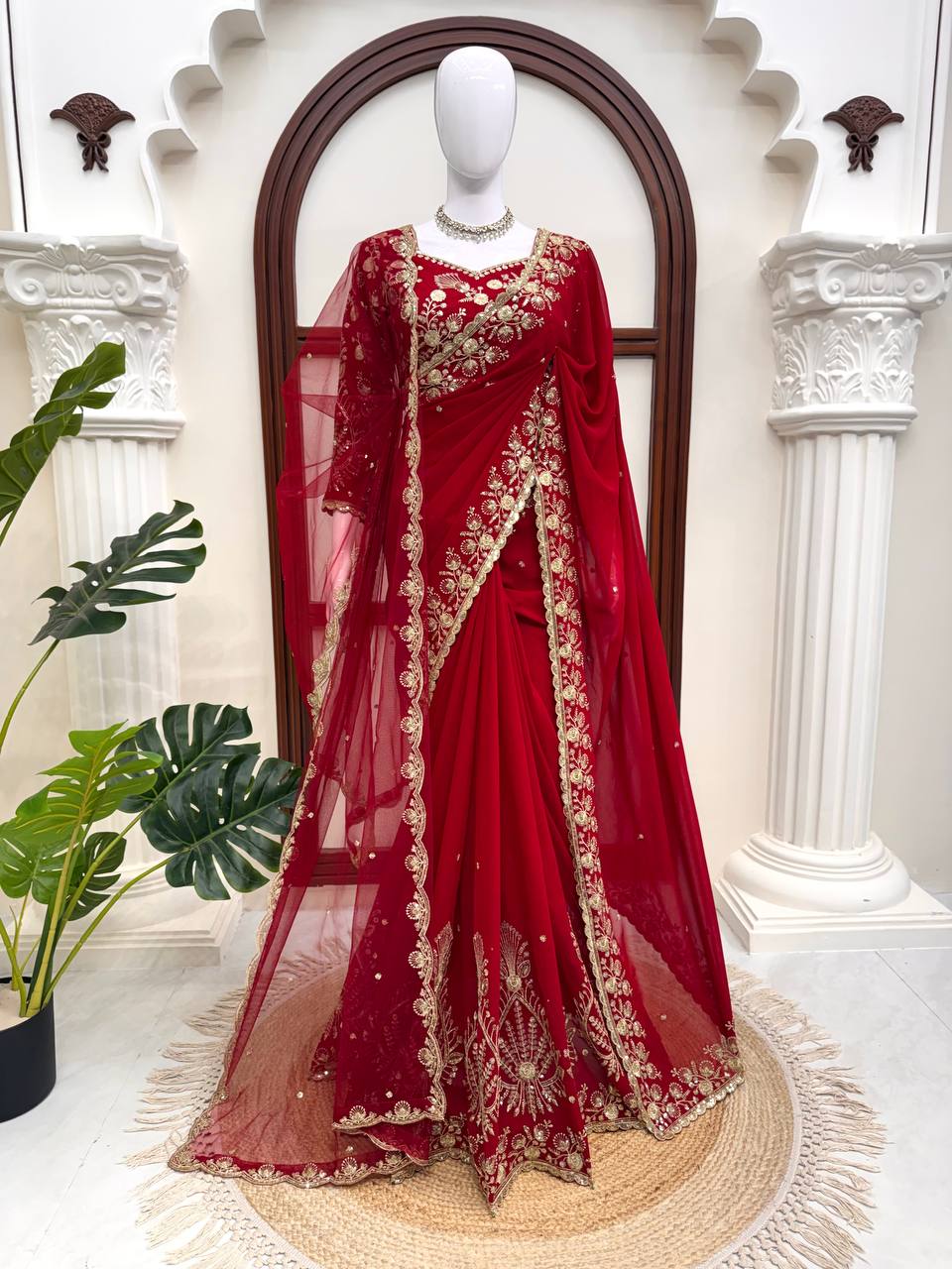 Zehra Ruby Red Georgette Designer Saree with Thread & Sequin Work