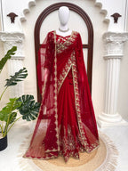 Zehra Ruby Red Georgette Designer Saree with Thread & Sequin Work