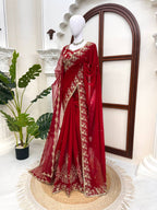 Zehra Ruby Red Georgette Designer Saree with Thread & Sequin Work