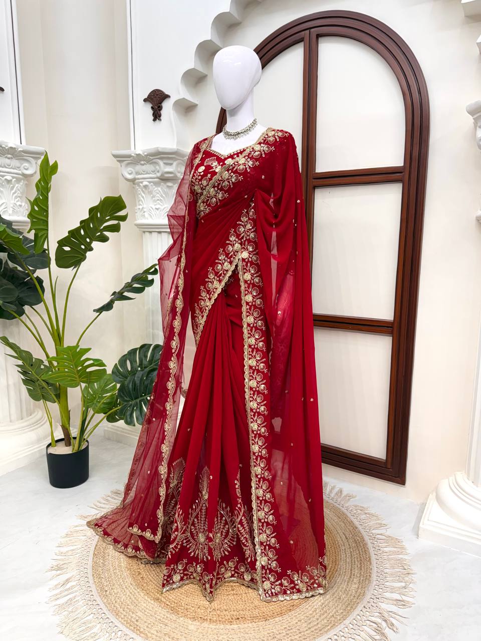 Zehra Ruby Red Georgette Designer Saree with Thread & Sequin Work