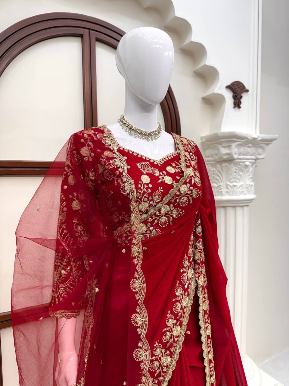 Zehra Ruby Red Georgette Designer Saree with Thread & Sequin Work