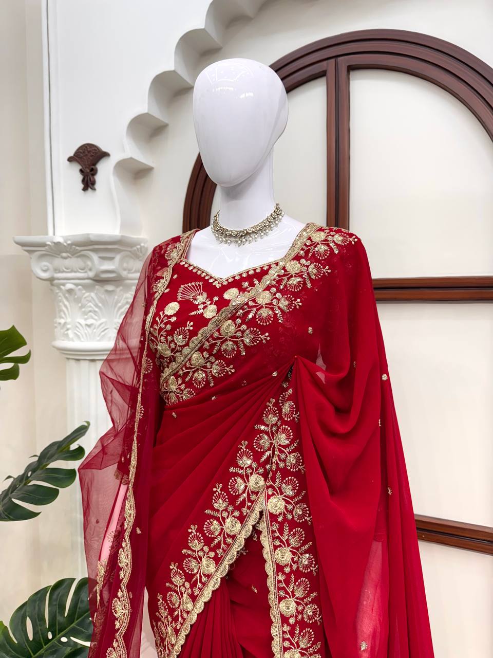 Zehra Ruby Red Georgette Designer Saree with Thread & Sequin Work
