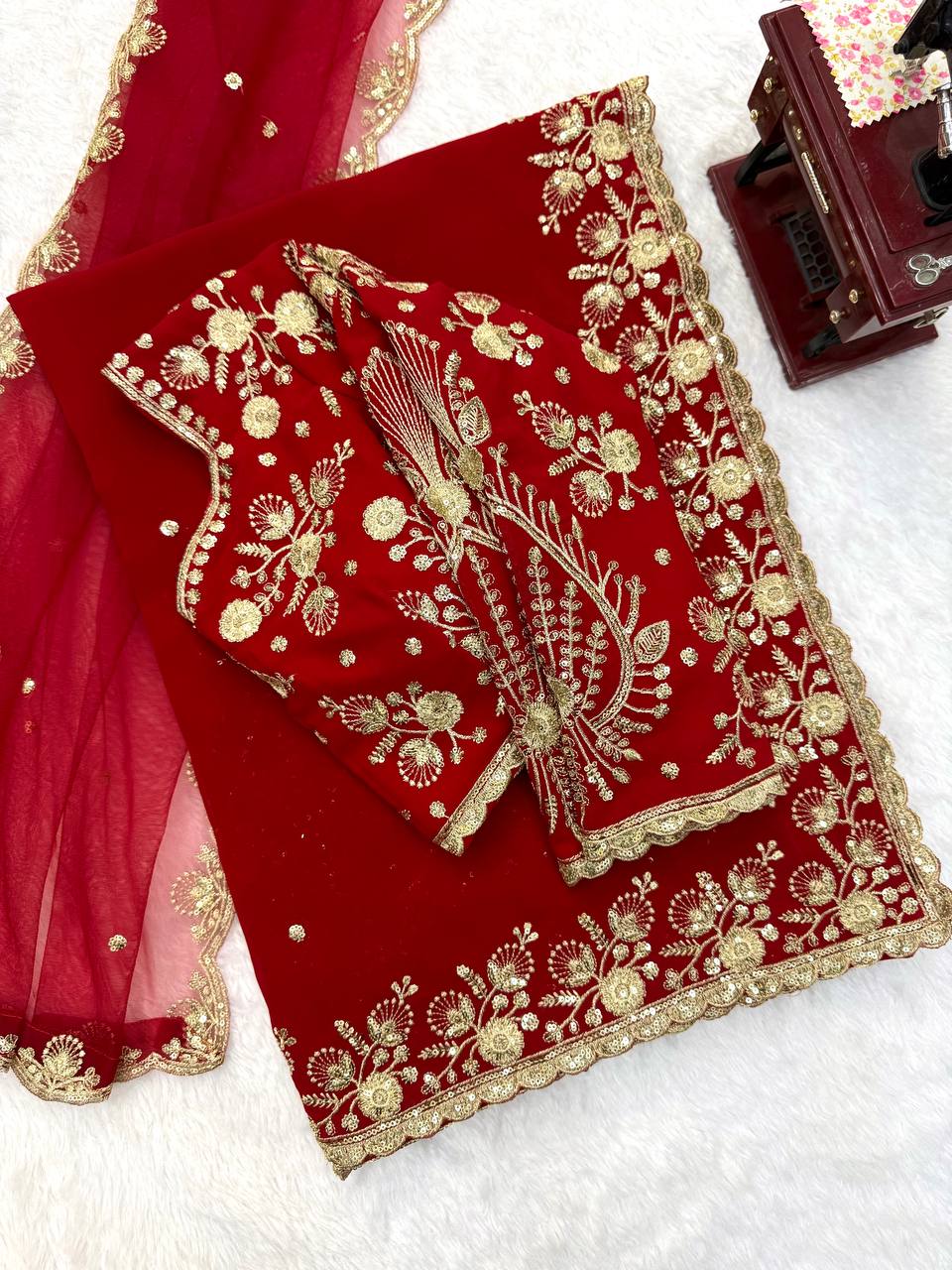 Zehra Ruby Red Georgette Designer Saree with Thread & Sequin Work