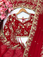Zehra Ruby Red Georgette Designer Saree with Thread & Sequin Work