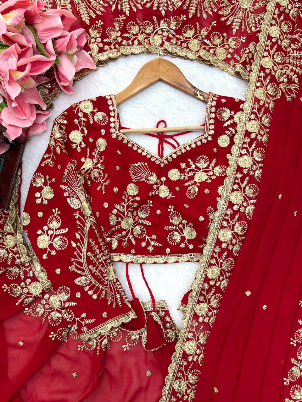 Zehra Ruby Red Georgette Designer Saree with Thread & Sequin Work