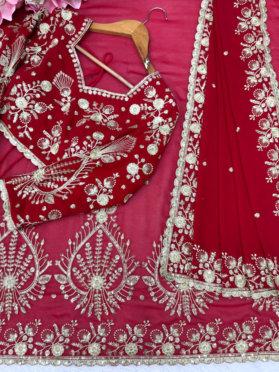 Zehra Ruby Red Georgette Designer Saree with Thread & Sequin Work