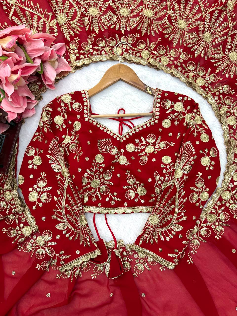 Zehra Ruby Red Georgette Designer Saree with Thread & Sequin Work