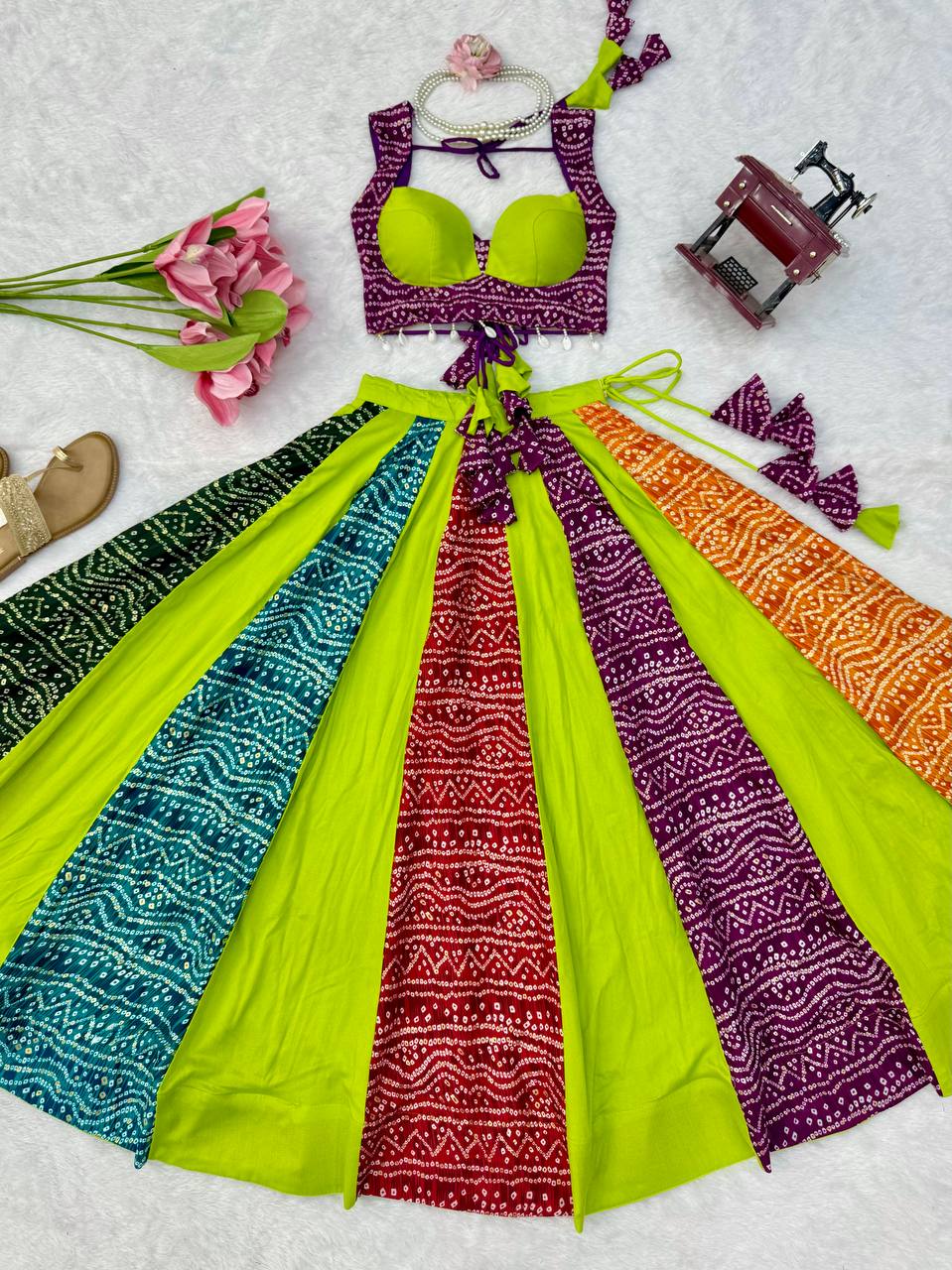 Zarevya Designer Rayon Digital Print Flared Lehenga with Padded Blouse, Canvas Patta Detailing and 6 Metre Grand Flair Fully Stitched Ethnic Wear Set