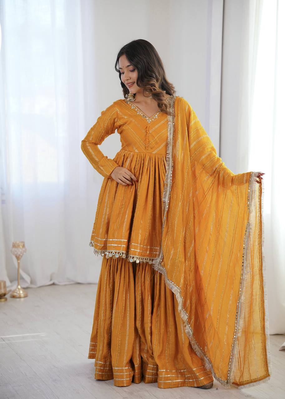 Aarohi Mal Chanderi Mirror Handwork Kurti with Sharara Palazzo & Dupatta Set