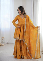 Aarohi Mal Chanderi Mirror Handwork Kurti with Sharara Palazzo & Dupatta Set