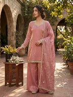 Zariya Premium Fendy Silk Embroidered Sharara Plazzo Set with Real Mirror & Sequin Work, Full Sleeve Festive Ethnic Wear for Women