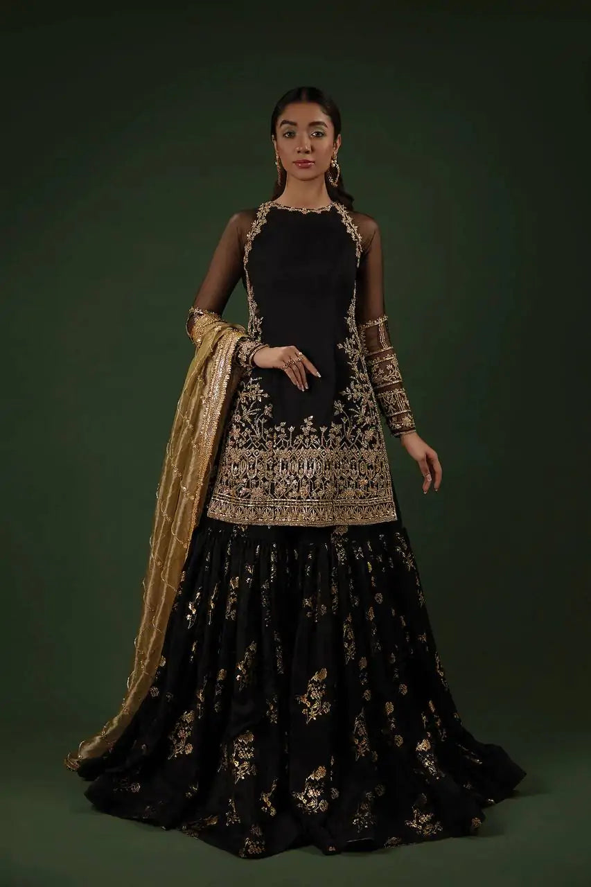 Elegant Black Color Georgette Kurta Sharara Set with Jimmy Choo Dupatta