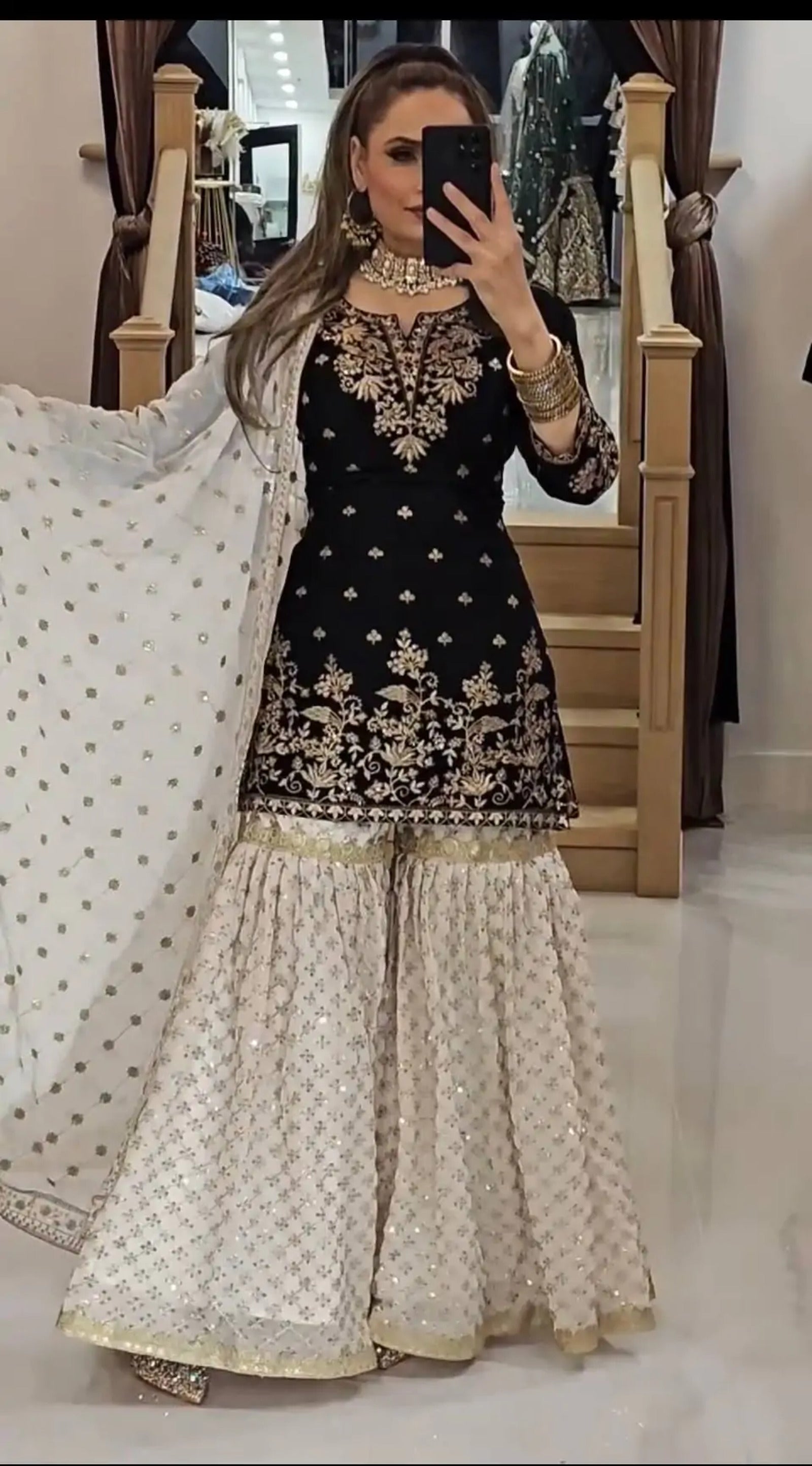 Eid Special Ready to Wear 3 pc Georgette Kurta Sharara Set with Sequins Embroidery