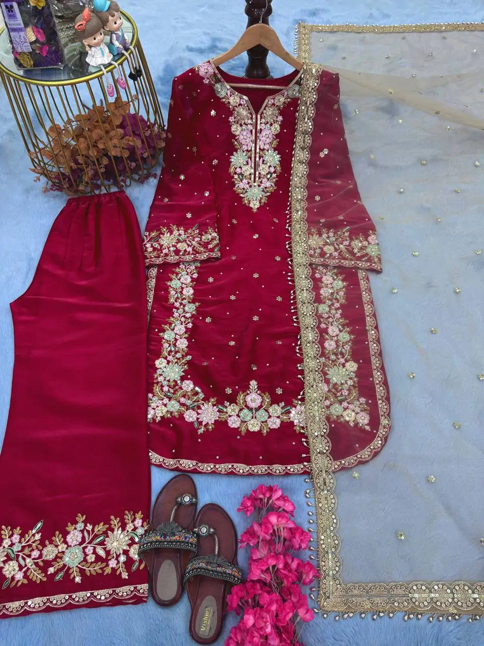 Designer Embroidered Diamond & Moti Handwork Kurta Palazzo Set