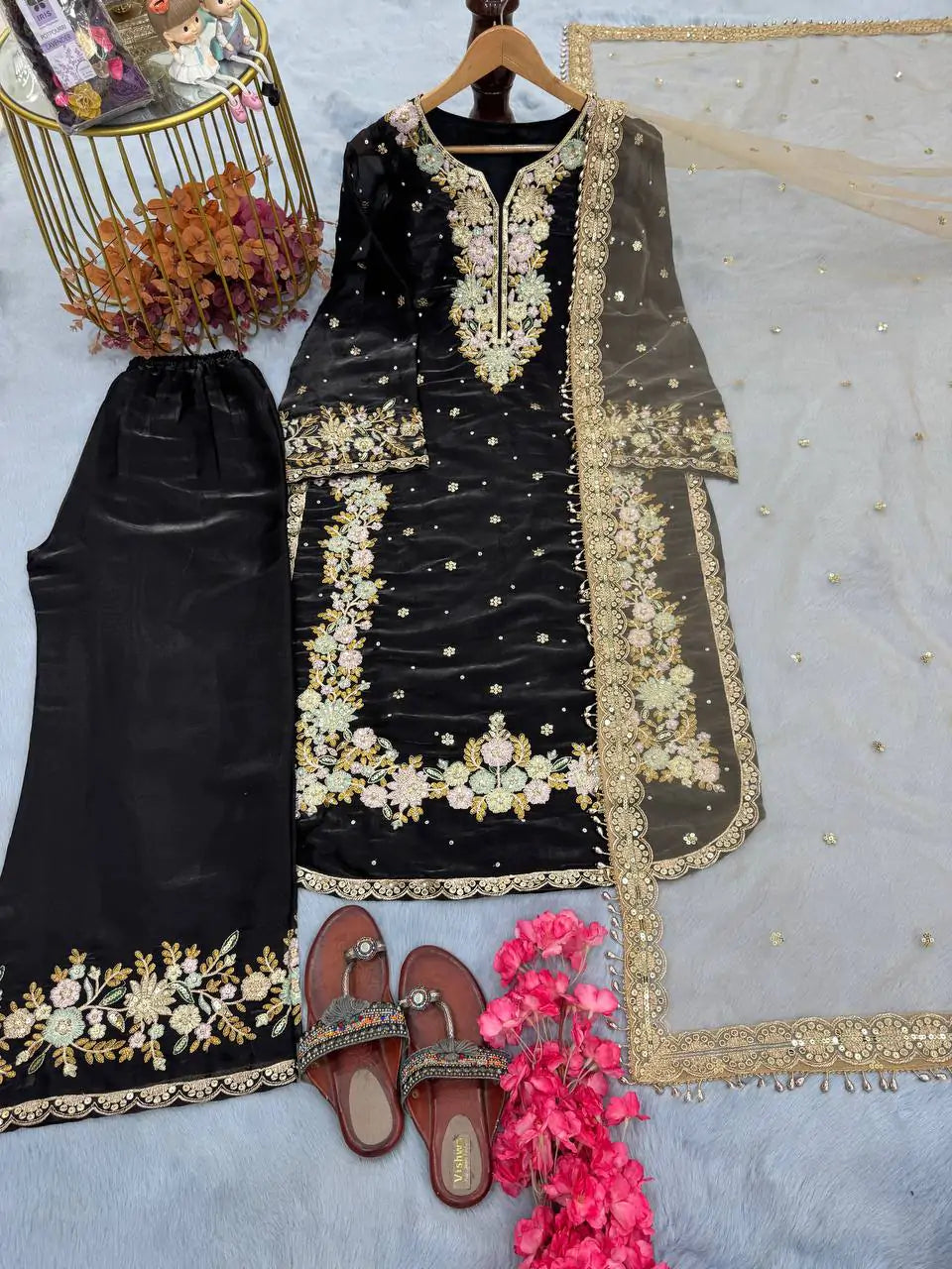 Designer Embroidered Diamond & Moti Handwork Kurta Palazzo Set