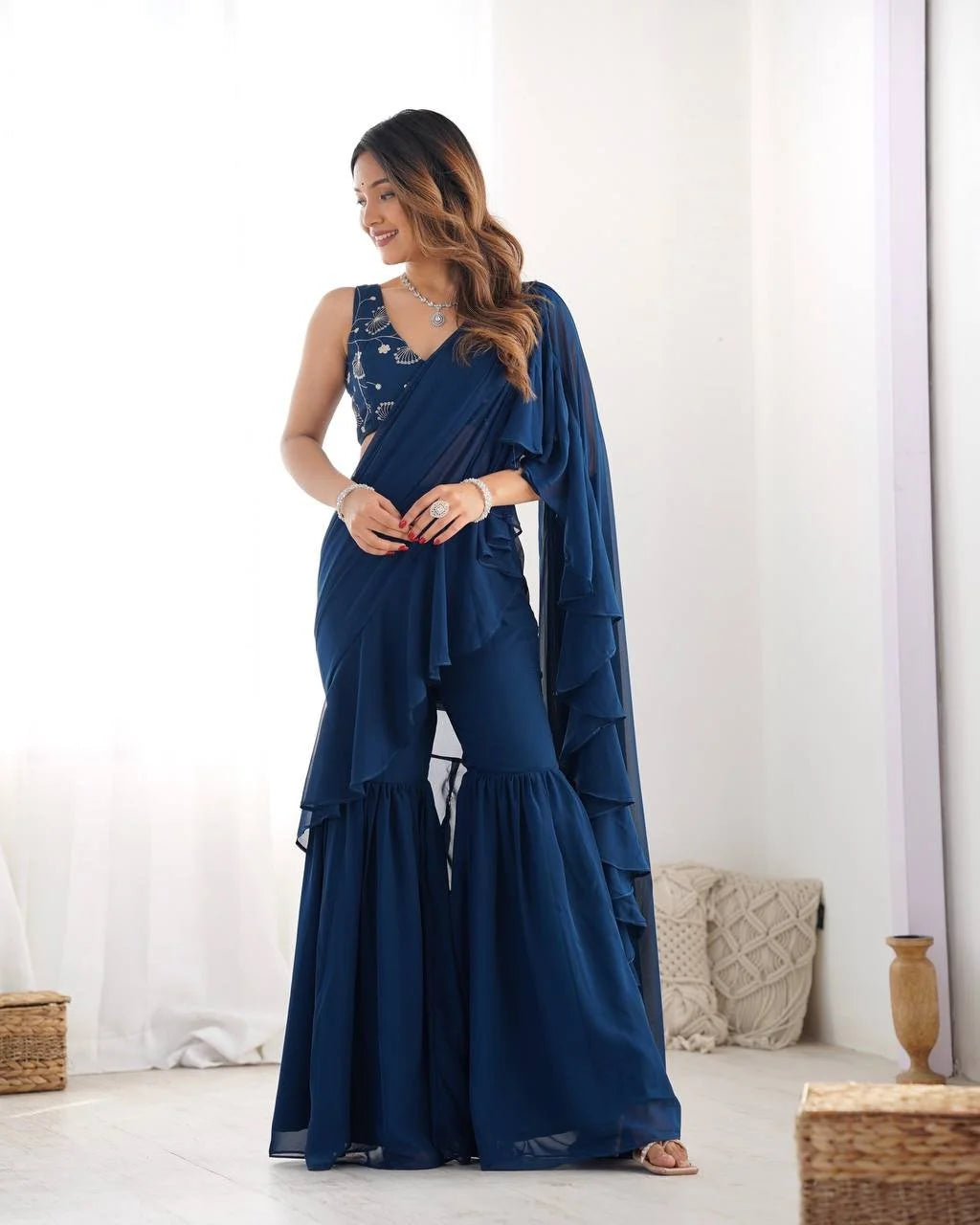 Designer Georgette Ready to Wear Teal Blue Sharara Saree with Zari Embroidery for Weddings