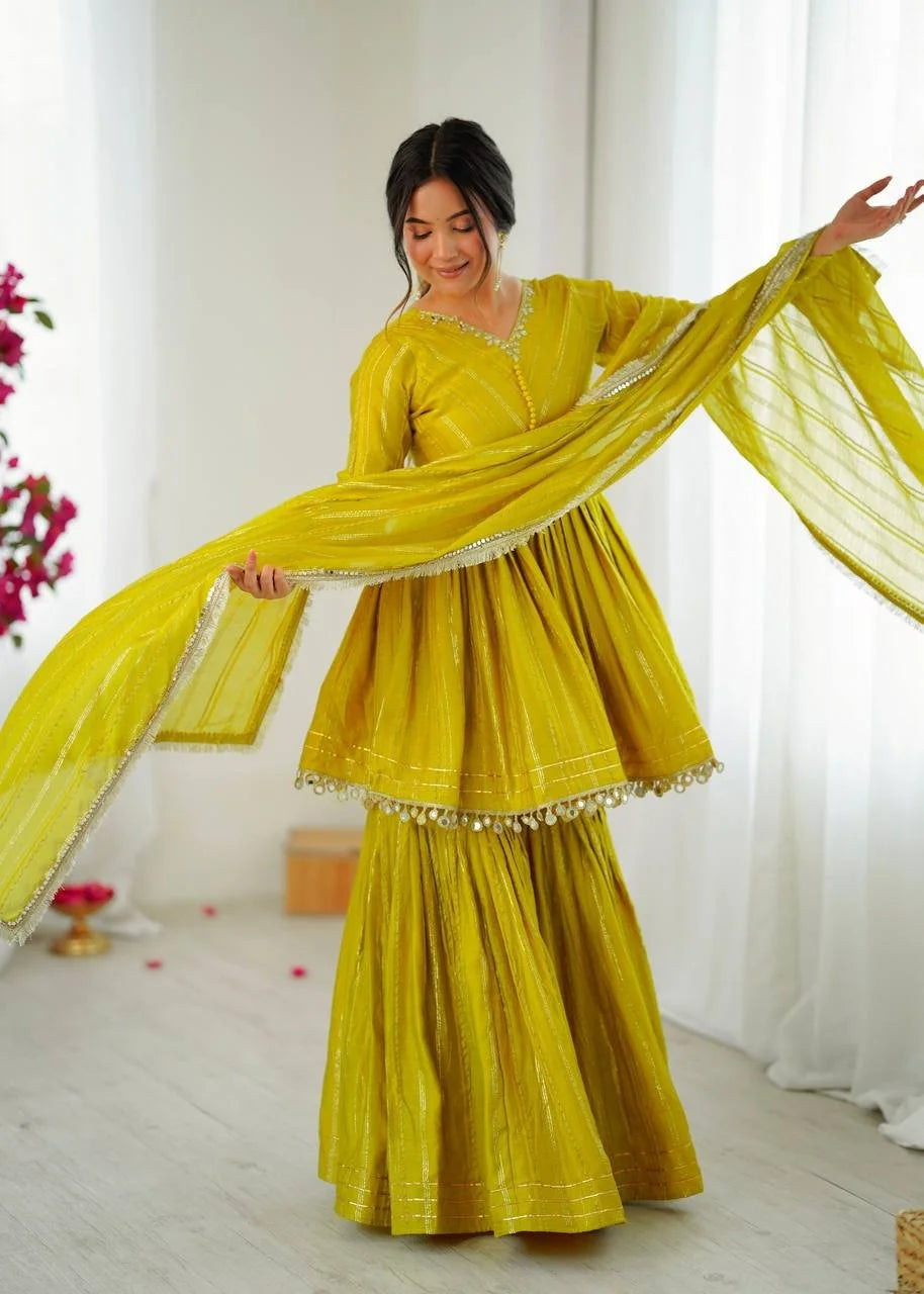 Graceful Designer Wear Peplum Anarkali Chanderi Mirror Work Sharara Set