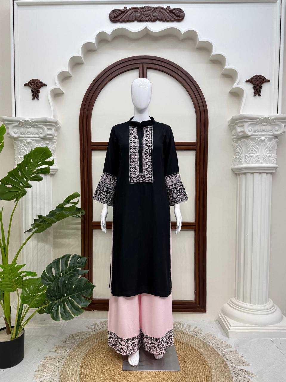 Beautiful Rayon Cotton Kurta Palazzo Set with Thread Work