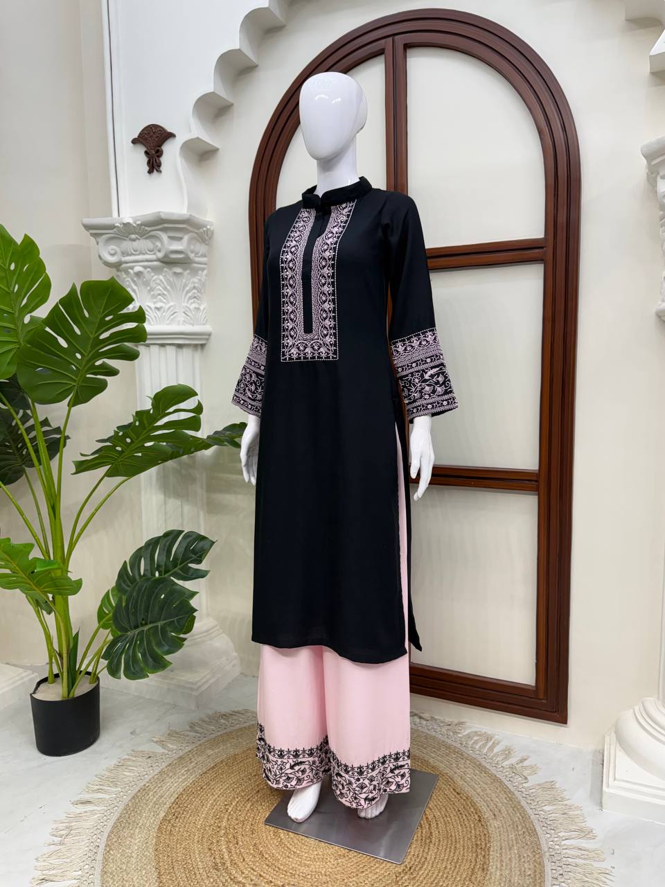 Beautiful Rayon Cotton Kurta Palazzo Set with Thread Work