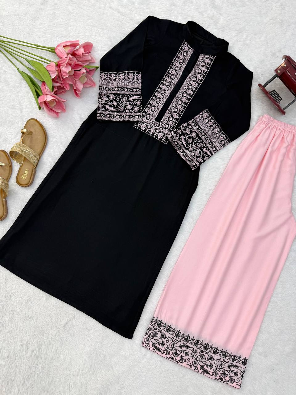 Beautiful Rayon Cotton Kurta Palazzo Set with Thread Work