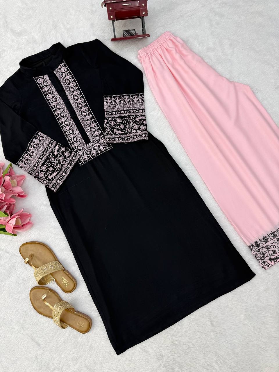 Beautiful Rayon Cotton Kurta Palazzo Set with Thread Work