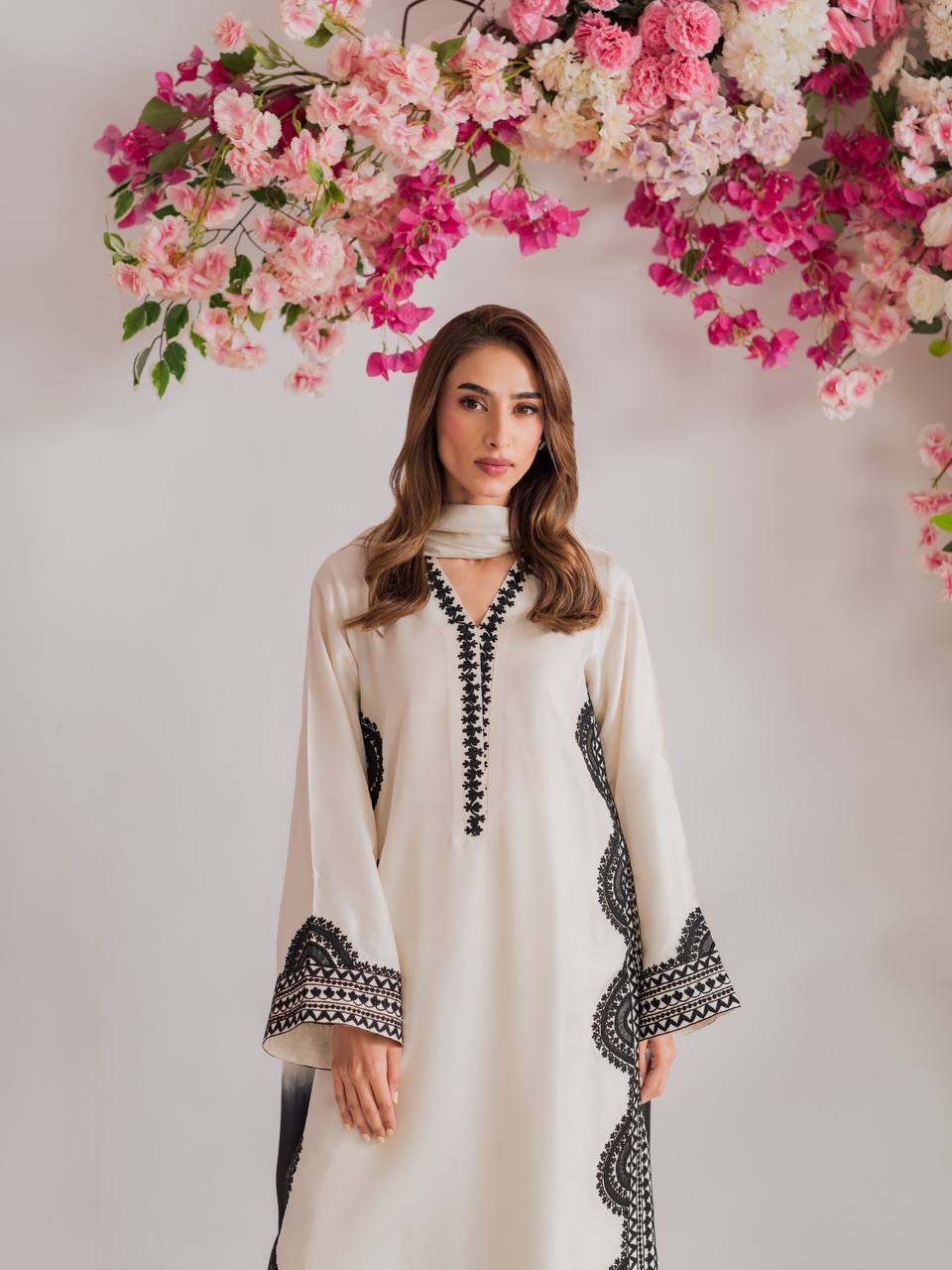 Designer Biscuit Slub Straight Fit Kurta Set with Thread Embroidery