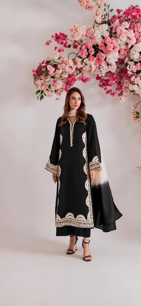 Designer Biscuit Slub Straight Fit Kurta Set with Thread Embroidery