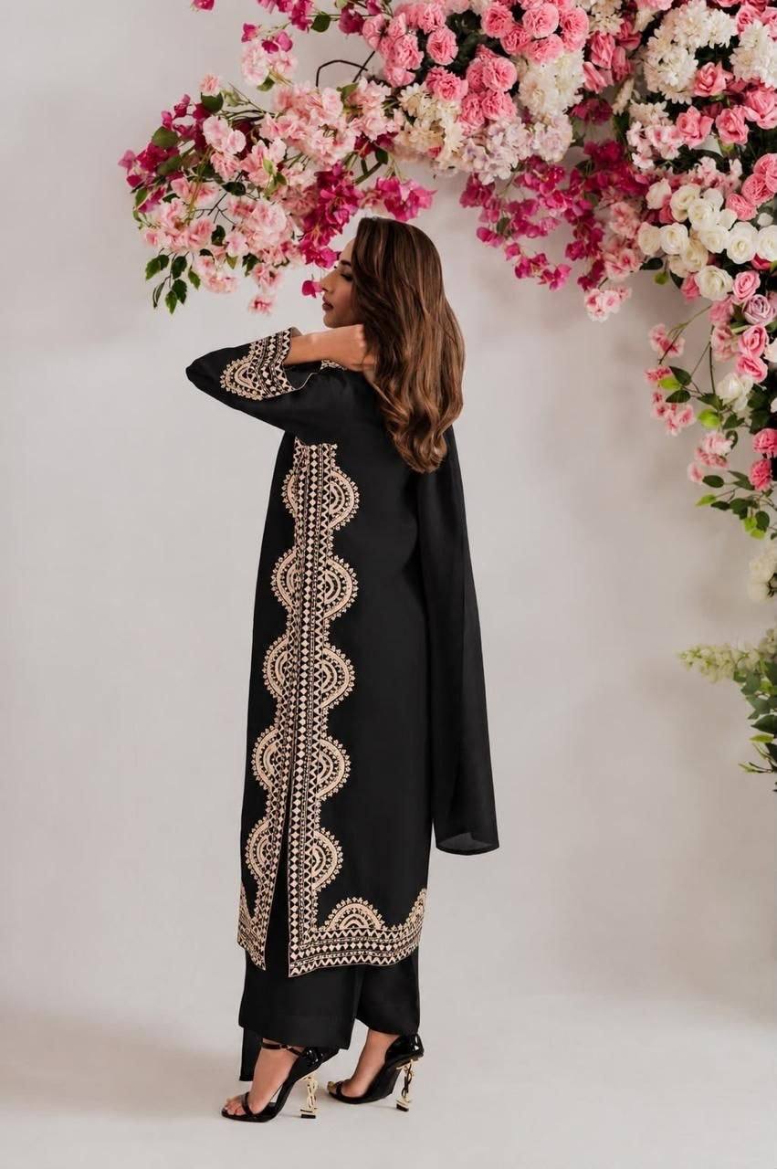 Designer Biscuit Slub Straight Fit Kurta Set with Thread Embroidery