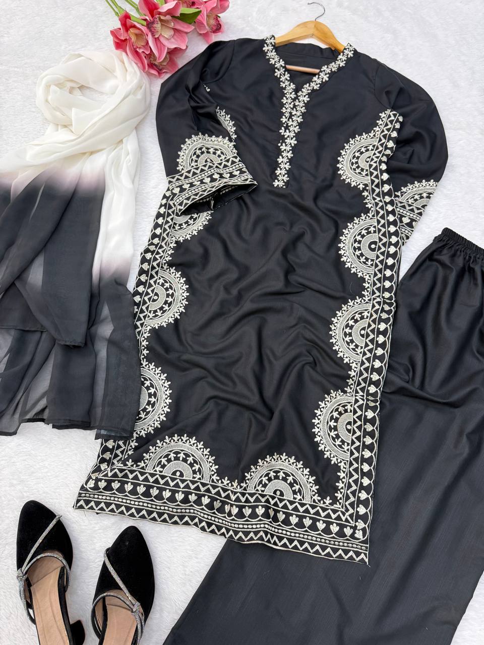 Designer Biscuit Slub Straight Fit Kurta Set with Thread Embroidery