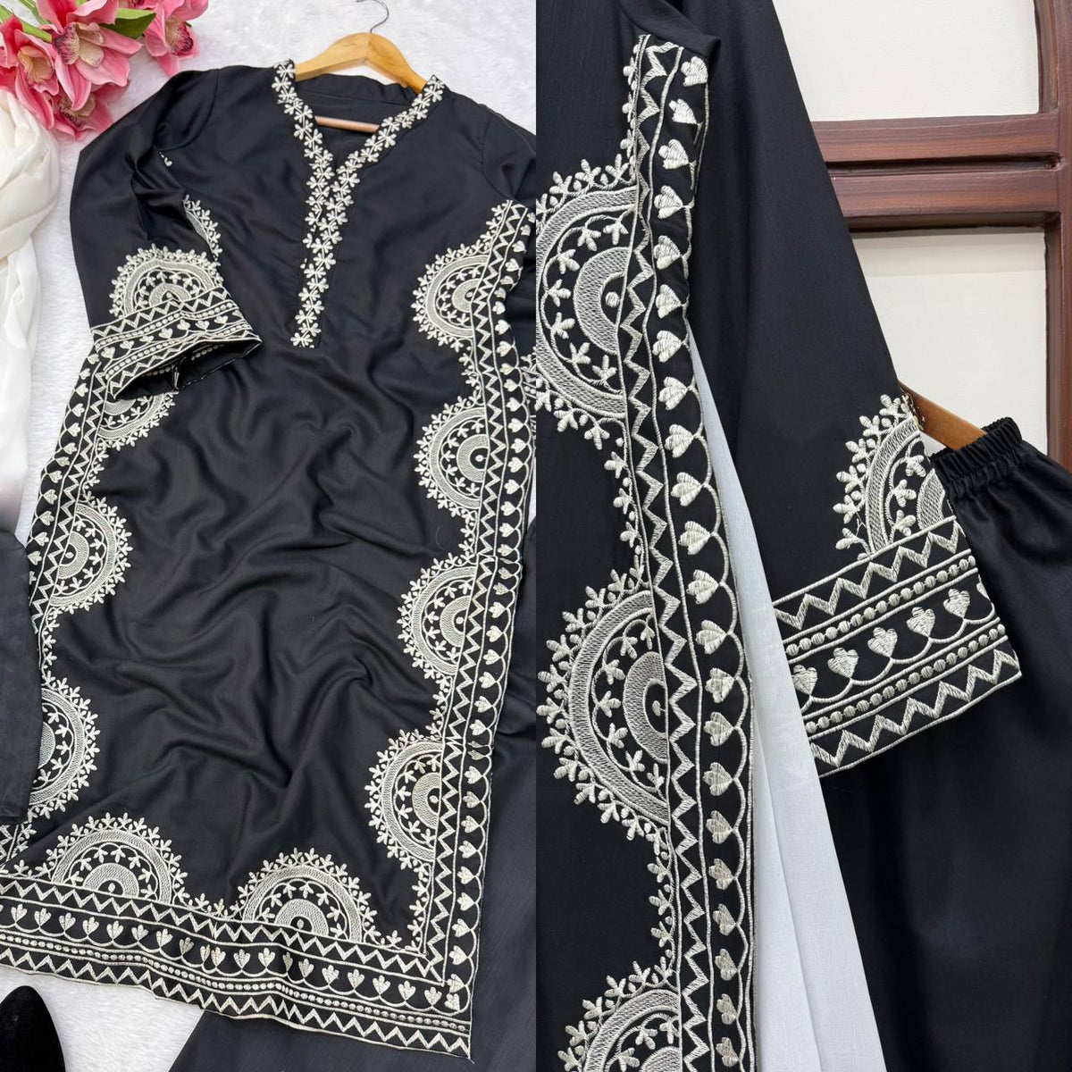 Designer Biscuit Slub Straight Fit Kurta Set with Thread Embroidery