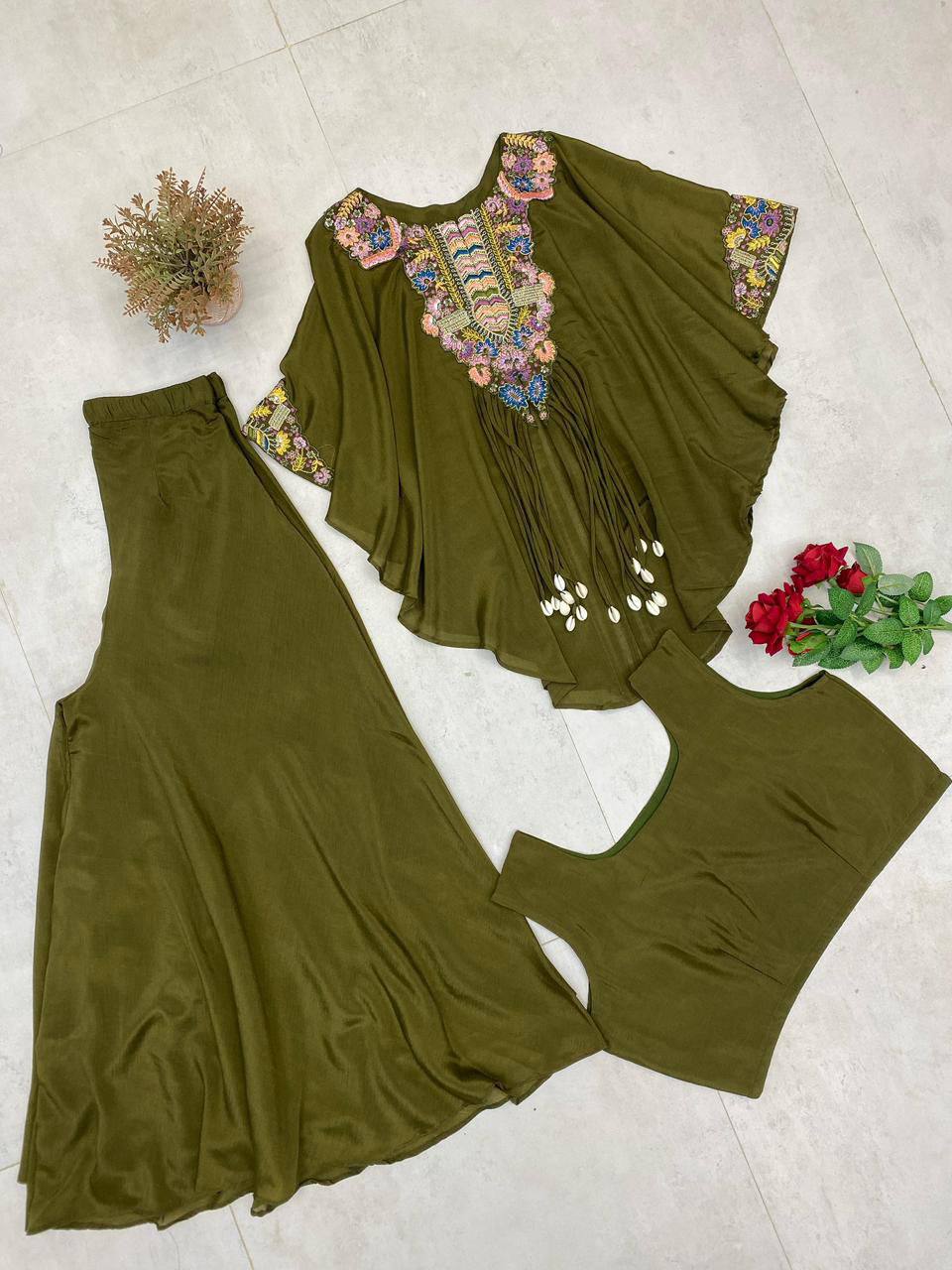 Designer Red Chinon Set with Sequins Embroidery Work & Kodi Latkan for Parties
