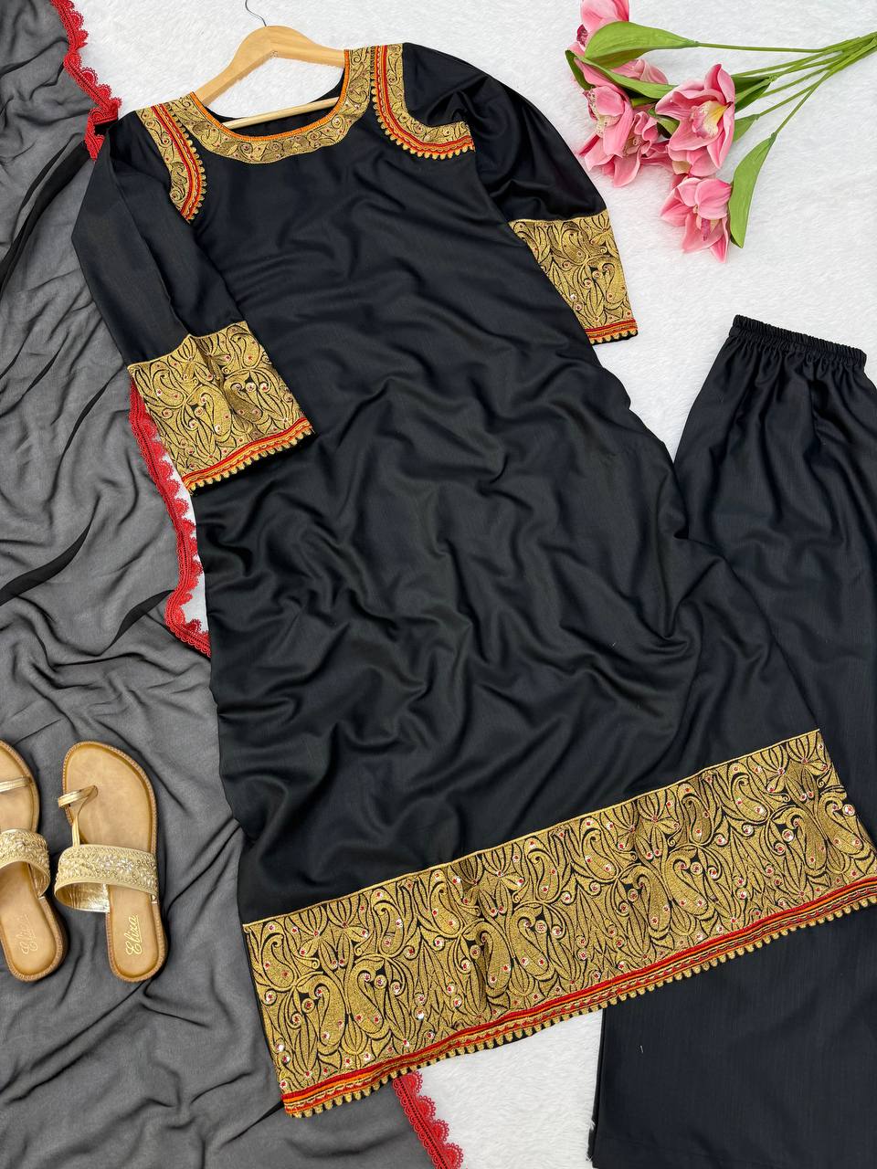 Premium Kashmiri Style Thread Work Kurti with Palazzo & Dupatta