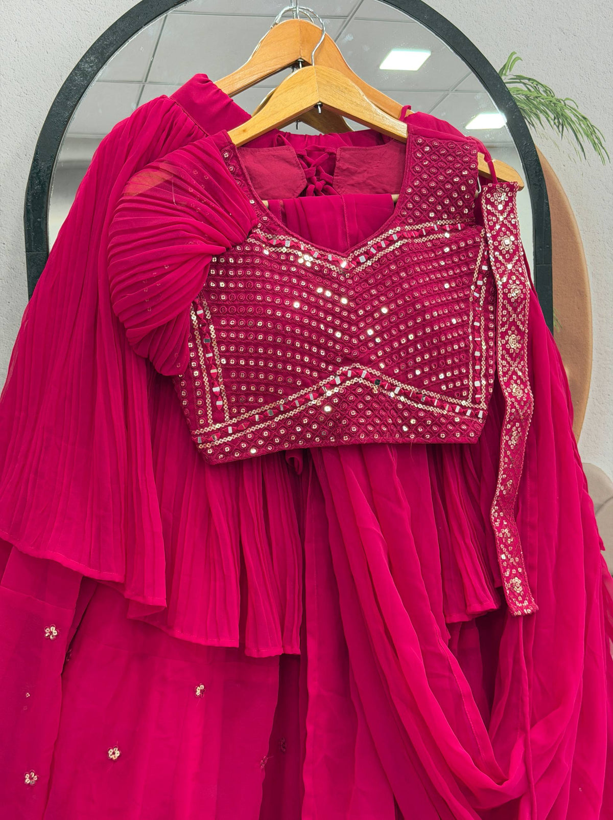 Designer Faux Georgette Lehenga Choli with Handcrafted Mirror & Thread Work, Heavy Sequin Embroidery and 3.50 Metre Double Flair